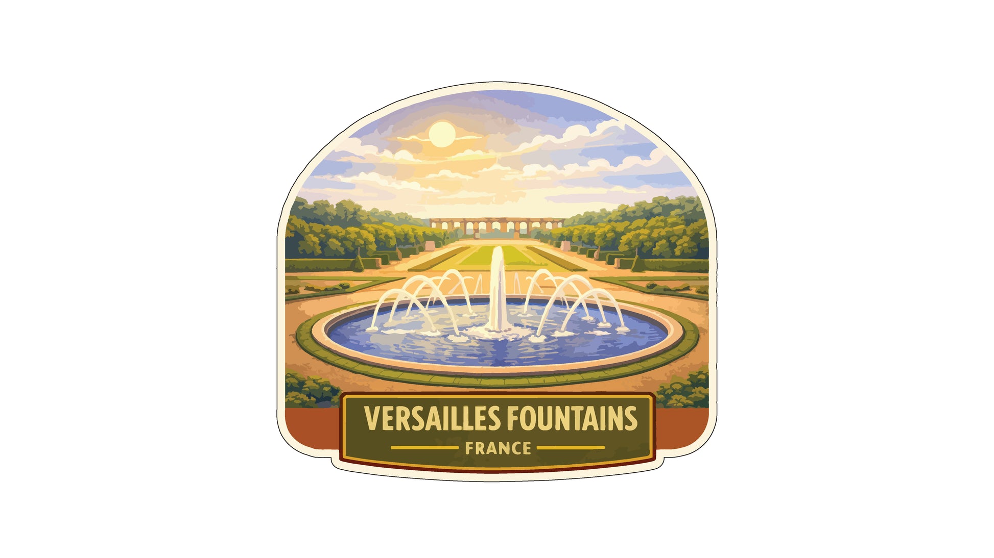 a large fountain surrounded by a circular pool, with a scenic landscape in the background. The text "VERSAILLES FOUNTAINS FRANCE" is displayed below the fountain, indicating the location of the landmark.