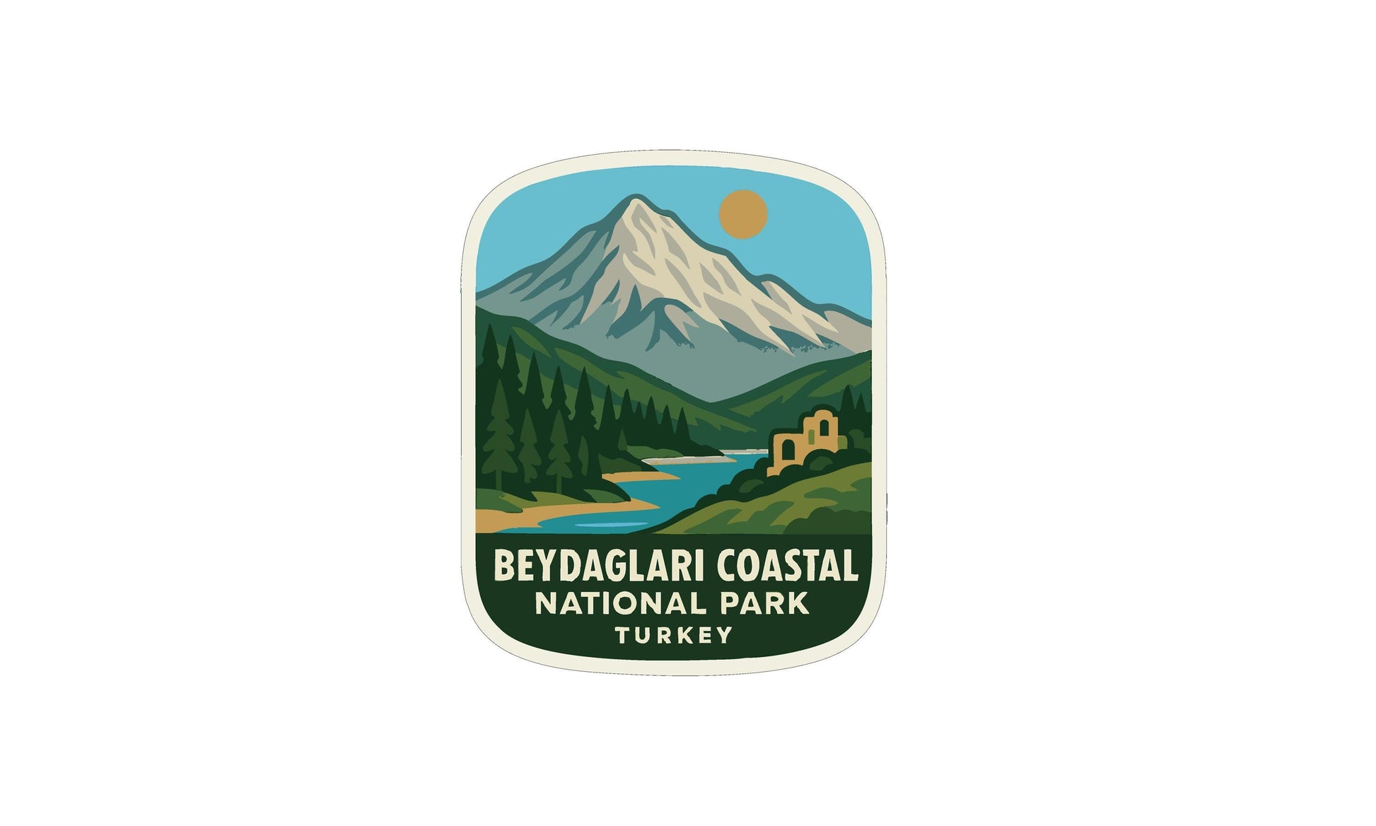 a sticker or emblem with a mountain landscape and a river, representing the Bey Daglari Coastal National Park in Turkey.