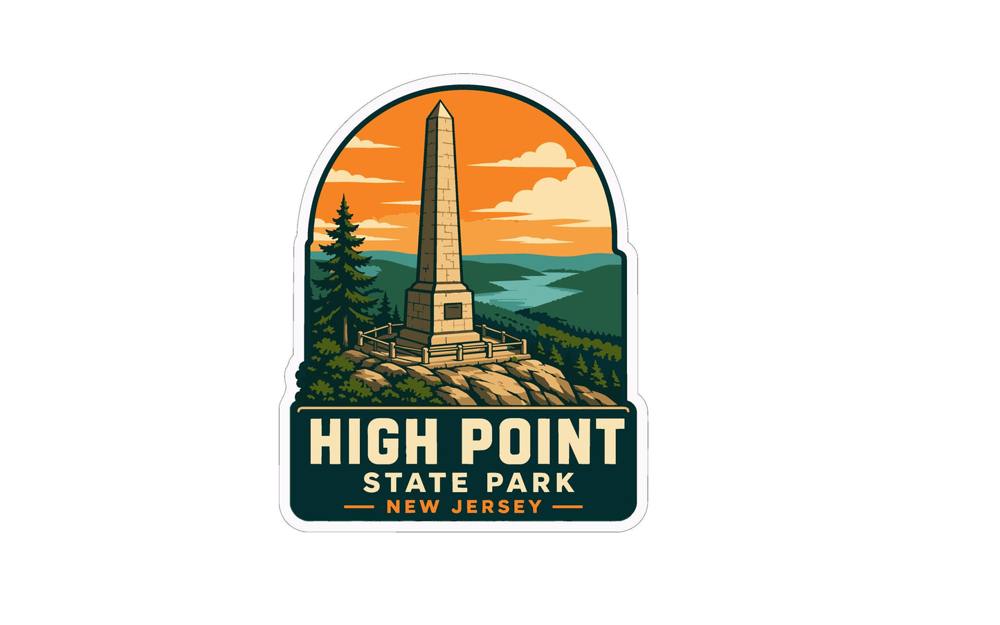 A sticker depicting the High Point State Park in New Jersey, with a tall obelisk in the center against a scenic landscape with mountains, trees, and a river.
