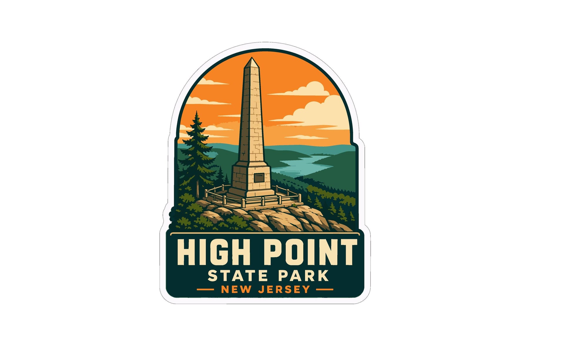A sticker depicting the High Point State Park in New Jersey, with a tall obelisk in the center against a scenic landscape with mountains, trees, and a river.