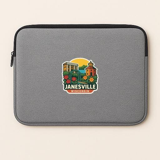 A gray laptop sleeve with a graphic design featuring a building and flowers, along with the text "Janesville, Wisconsin".
