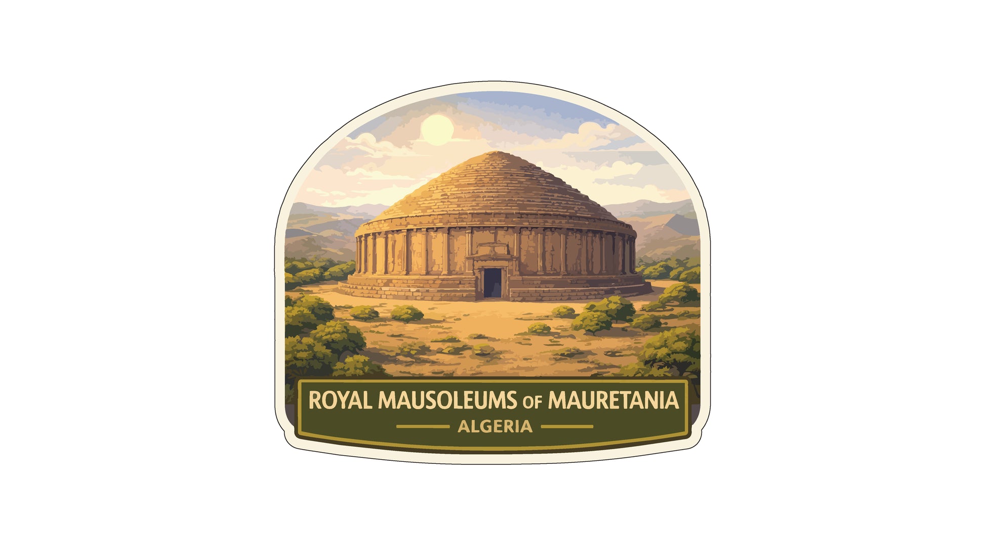 a circular structure with a dome-like roof, surrounded by a desert landscape with mountains in the background.
