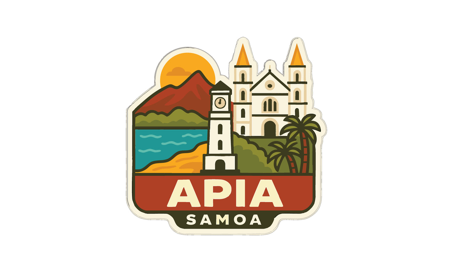 a sticker or emblem with a stylized depiction of a landmark, likely a church or cathedral, surrounded by a tropical landscape with palm trees, mountains, and a body of water.