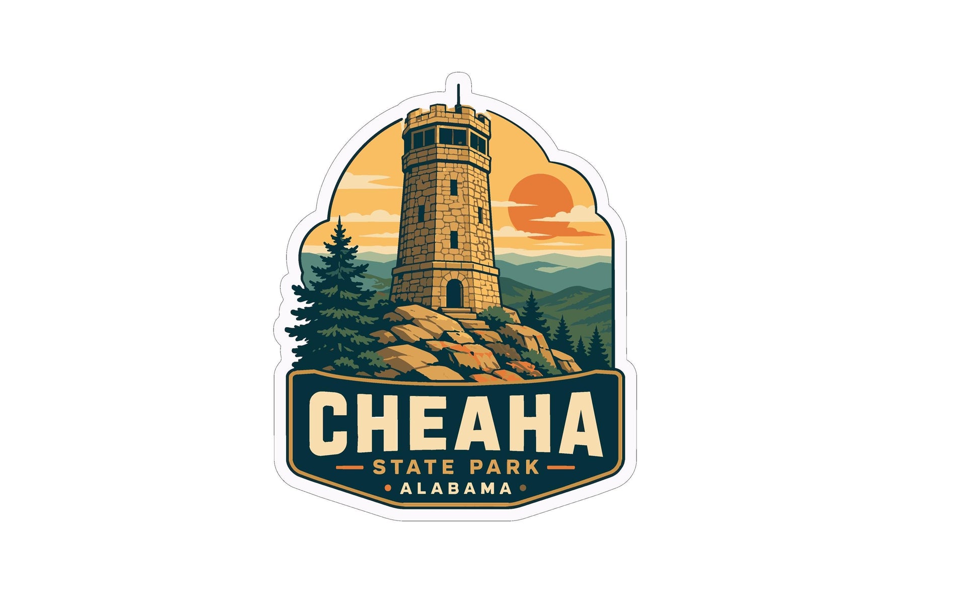 A sticker depicting Cheaha State Park in Alabama, featuring a tower surrounded by trees and mountains in the background.