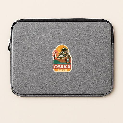 A gray laptop sleeve with a sticker of the Osaka, Japan, logo printed on it.