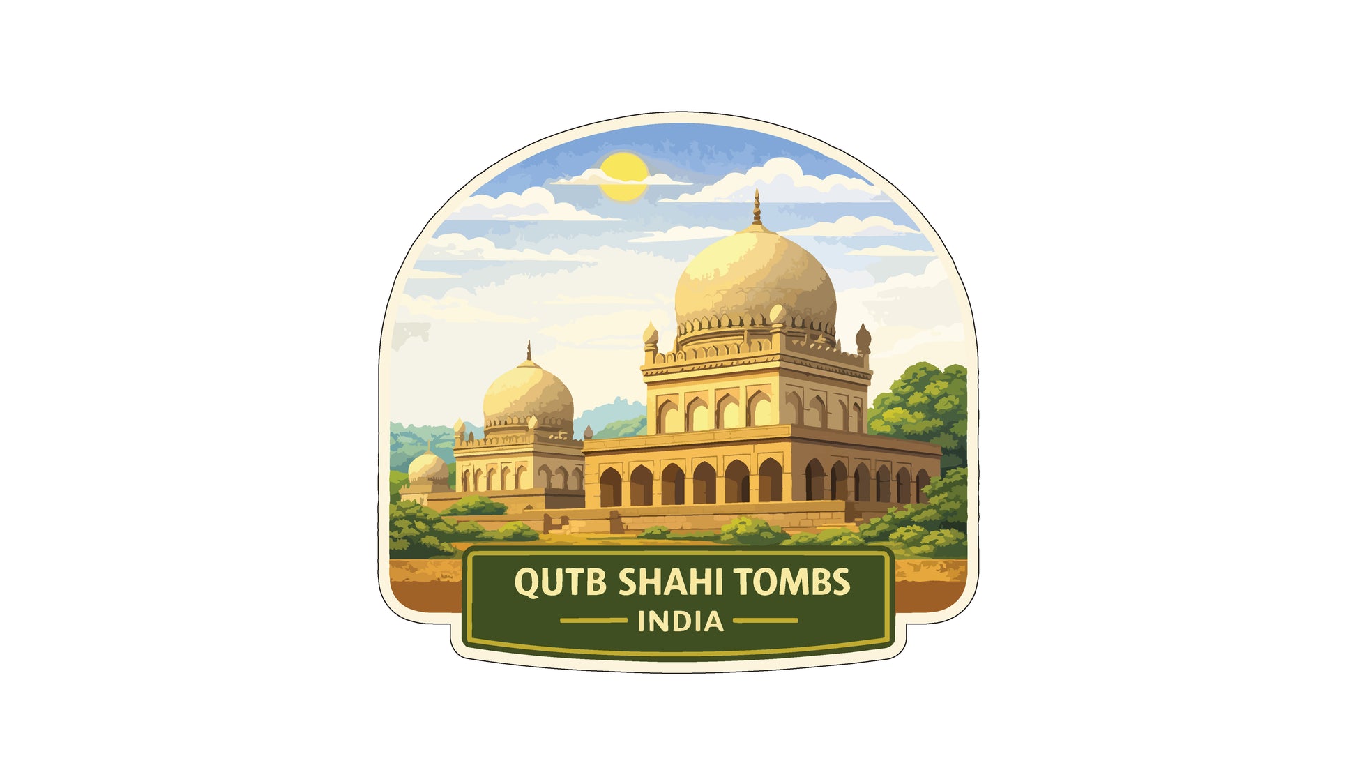 a large, ornate building with multiple domes, surrounded by trees and a clear blue sky.