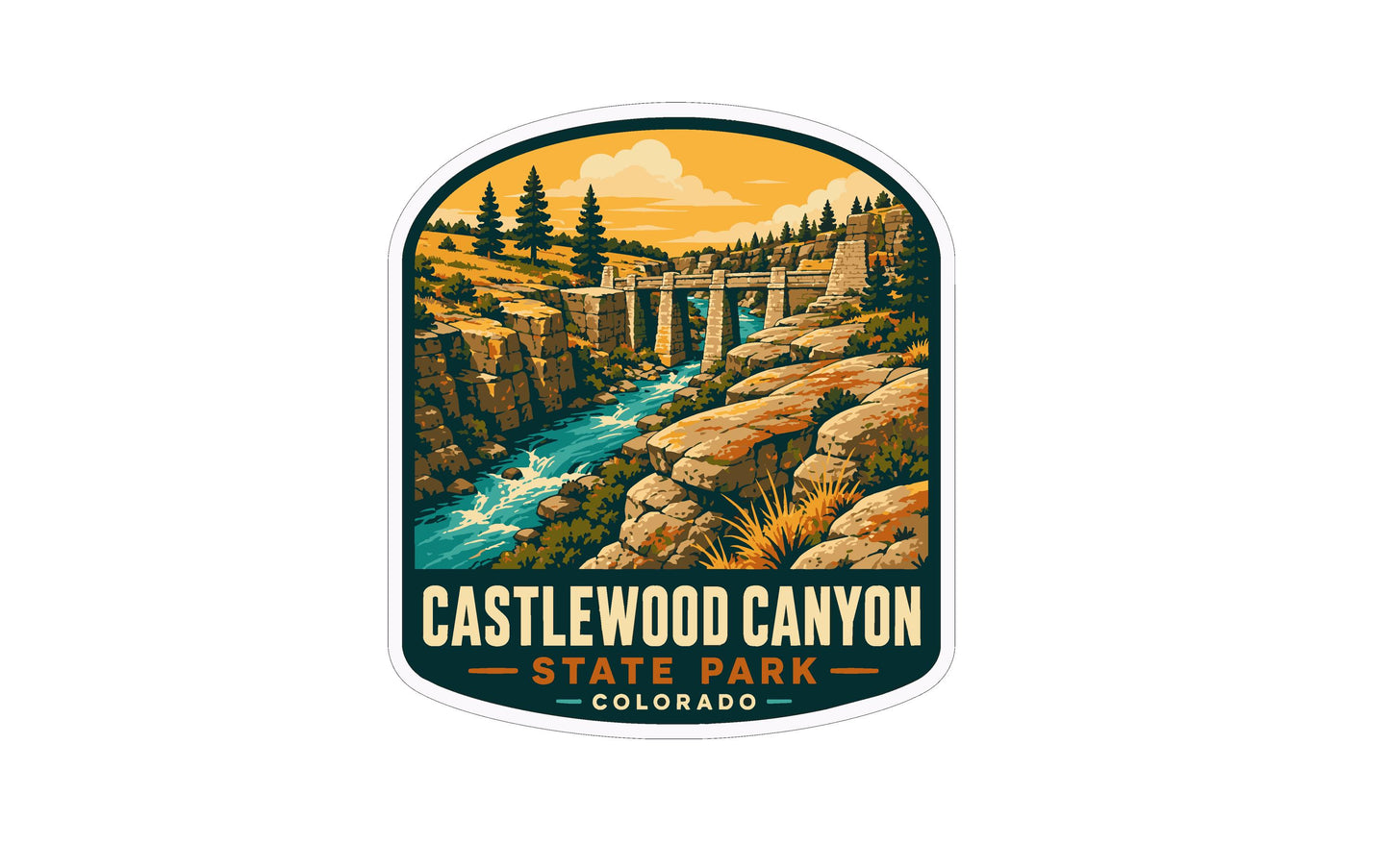 a sticker or emblem depicting a scenic landscape with a river, mountains, and a bridge. The text "CASTLEWOOD CANYON STATE PARK COLORADO" is prominently displayed, indicating the location and name of the landmark.