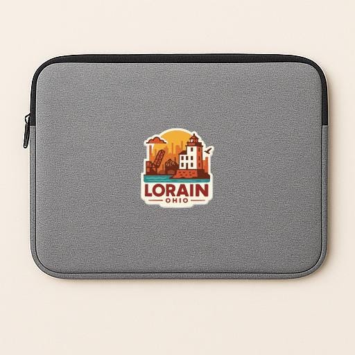 A gray laptop sleeve with a logo of Lorain, Ohio, printed on it.