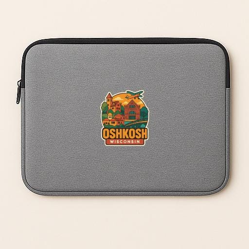 A gray laptop sleeve with a graphic design depicting a cityscape and the text "Oshkosh Wisconsin" printed on it.
