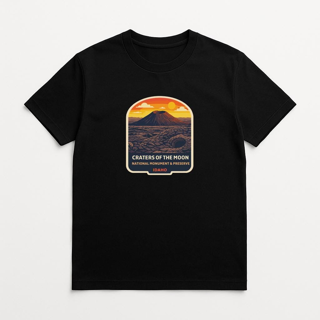 A black t-shirt with a graphic design depicting a mountain landscape with a sunset in the background.