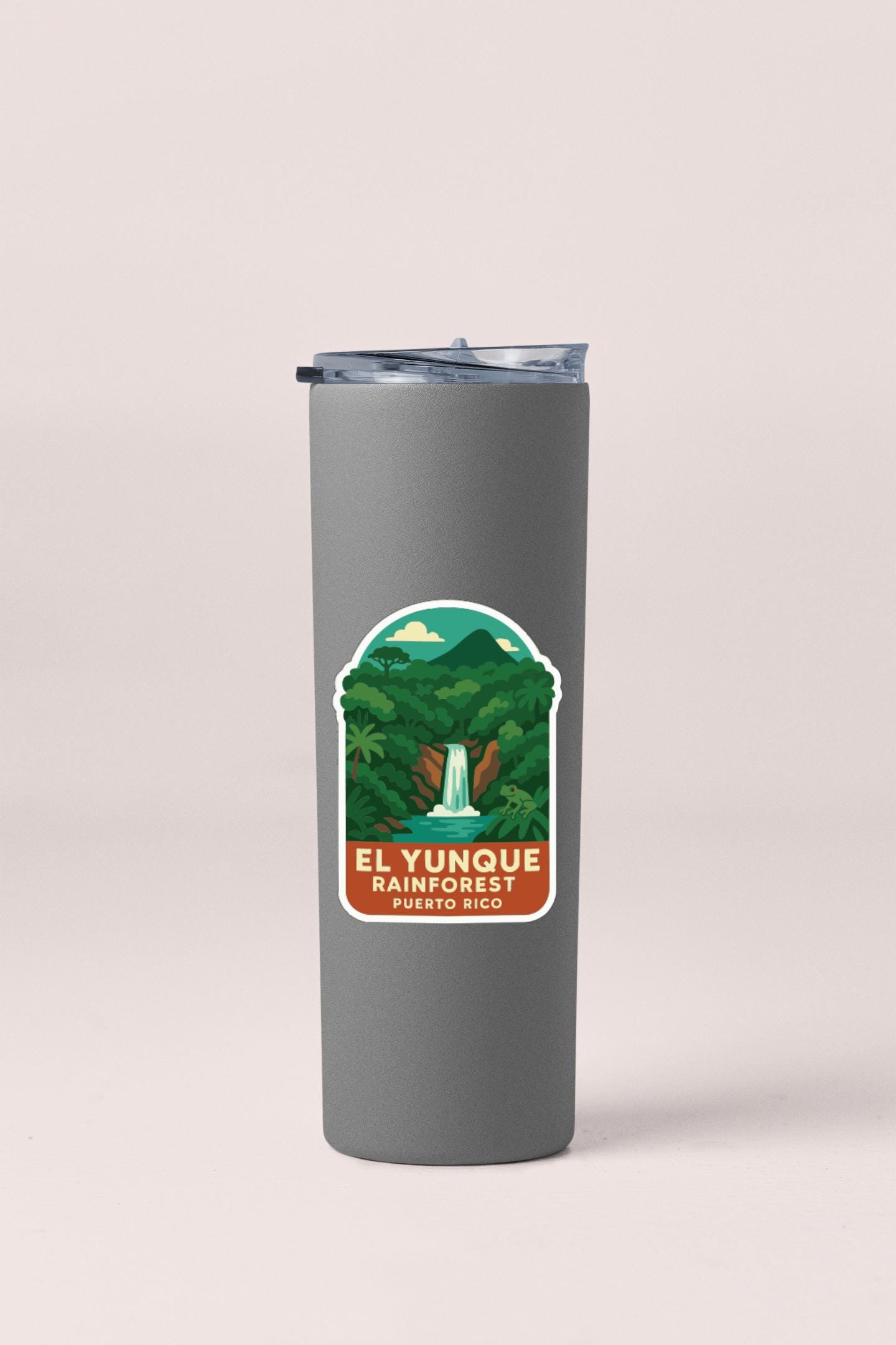 A gray insulated tumbler with a label that says "El Yungue Rainforest Puerto Rico".