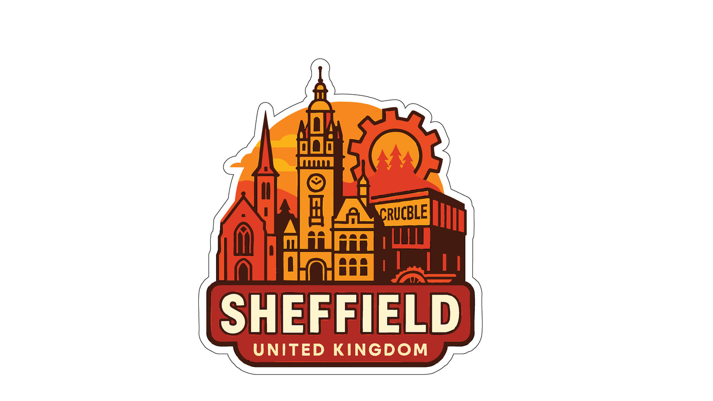 a stylized illustration of a city skyline with various buildings and landmarks, including a church and a clock tower. The text "SHEFFIELD UNITED KINGDOM" is prominently displayed in the center of the image.