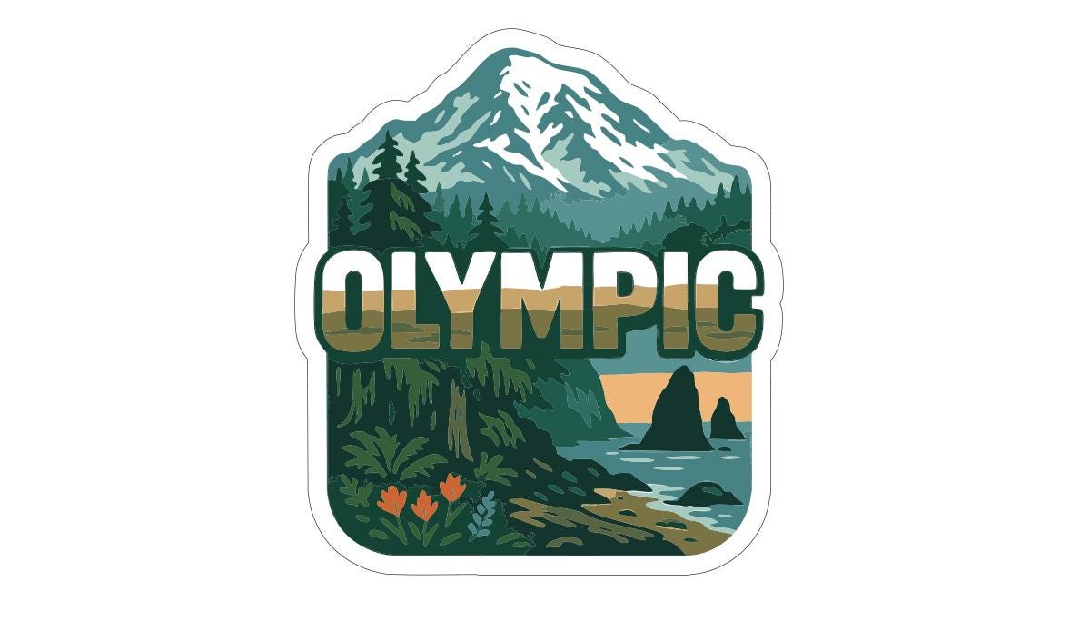 A sticker or logo featuring a mountain landscape with the word "OLYMPIC" prominently displayed in the center.