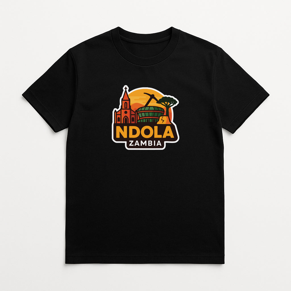 A black t-shirt with a graphic design depicting landmarks and a sunset in the background, along with the text "NDOLA ZAMBIA".