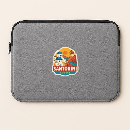 A gray laptop sleeve with a sticker of Santorini, Greece, featuring a colorful illustration of the island's architecture and landscape.