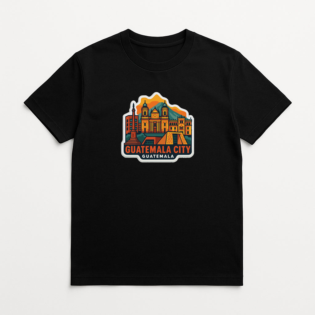 A black t-shirt with a colorful graphic depicting the city of Guatemala City.