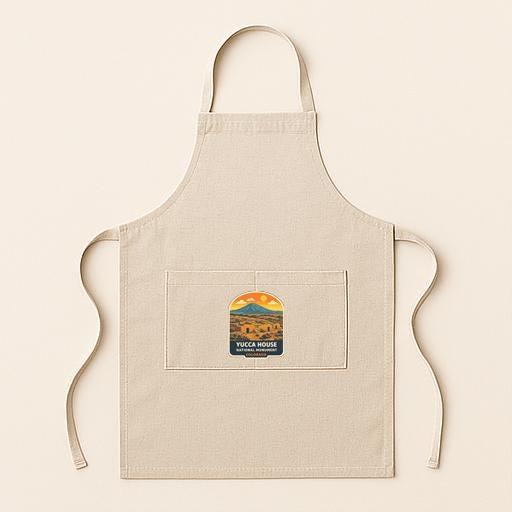 A beige apricot with a graphic design on the front pocket, featuring a mountain landscape and the text "YUCA HOUSE".