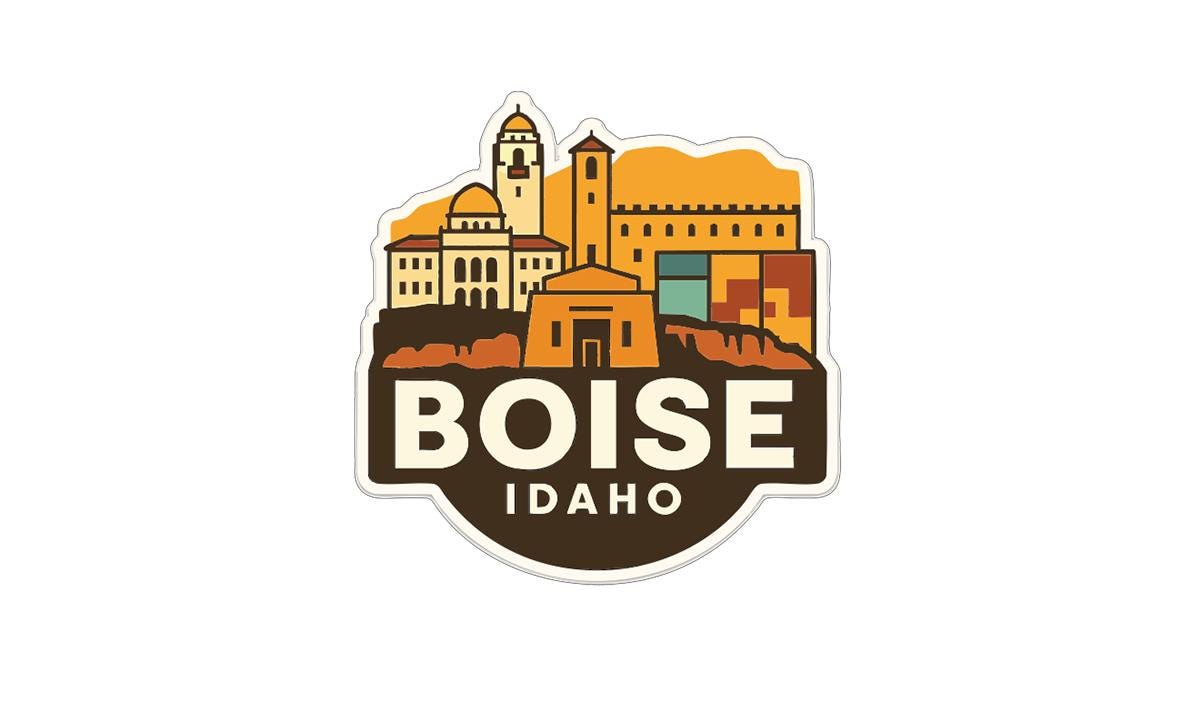 A stylized sticker or emblem featuring the city of Boise, Idaho, with various buildings and landmarks depicted in a colorful, geometric style.