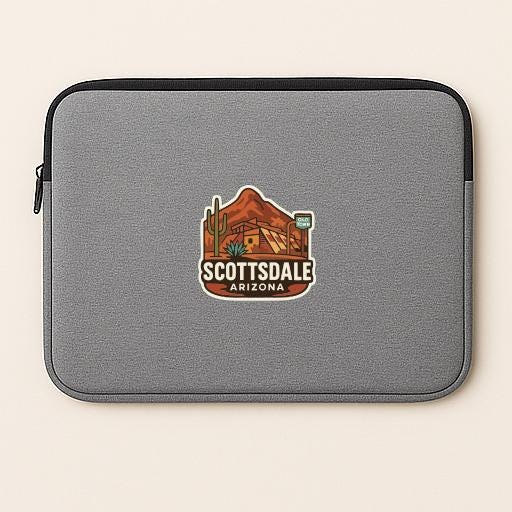 A gray laptop sleeve with a graphic design featuring a desert landscape and the text "SCOTTSDALE ARIZONA".