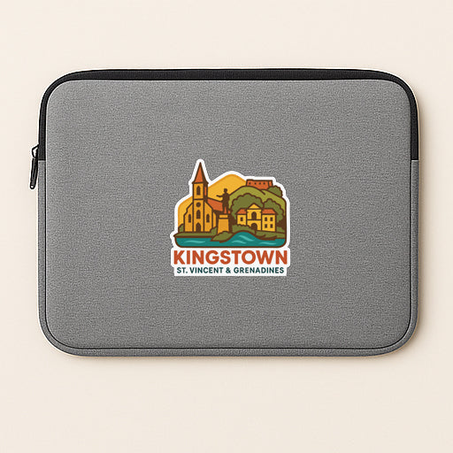A gray laptop sleeve with a logo of St. Vincent and Grenadines, featuring a church and a castle, printed on it.