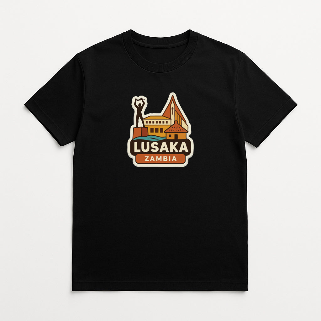 A black t-shirt with a graphic design depicting a building and the text "LUSAKA ZAMBIA" printed on it.