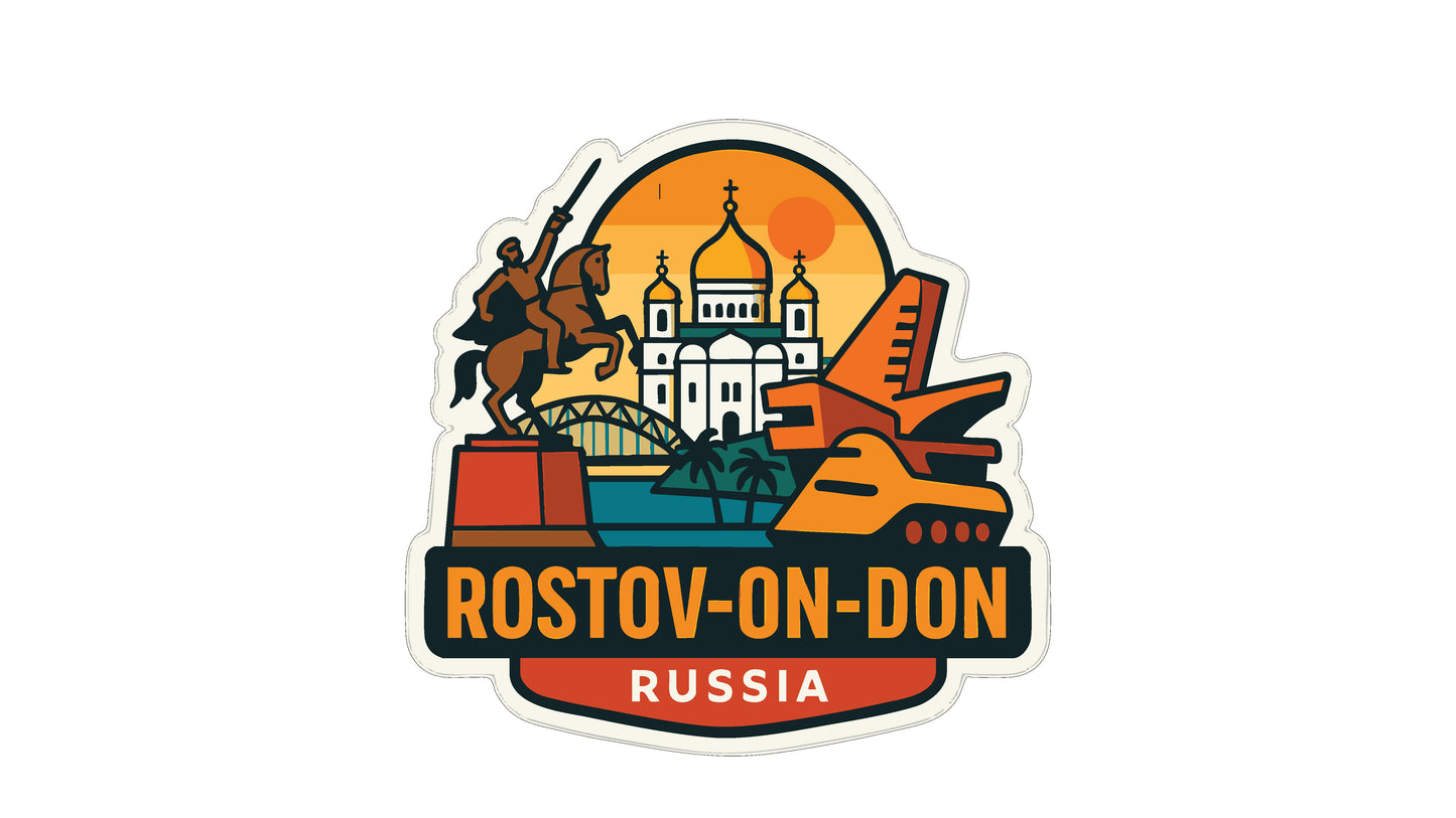 a sticker or emblem with various icons and text, including a statue, a building, and a plane, all set against a sunset background.