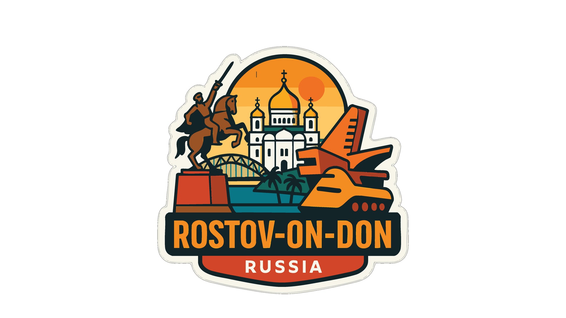 a sticker or emblem with various icons and text, including a statue, a building, and a plane, all set against a sunset background.