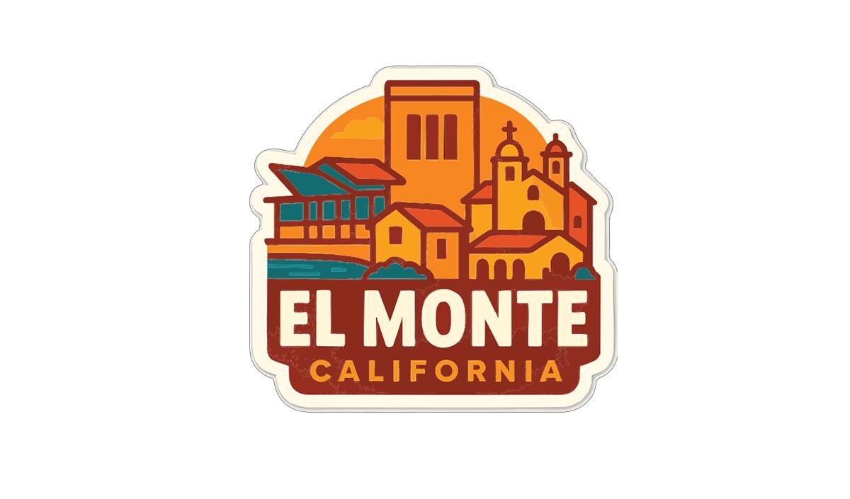 a stylized illustration of a cityscape with buildings and a sun in the background, representing the El Monte, California location.