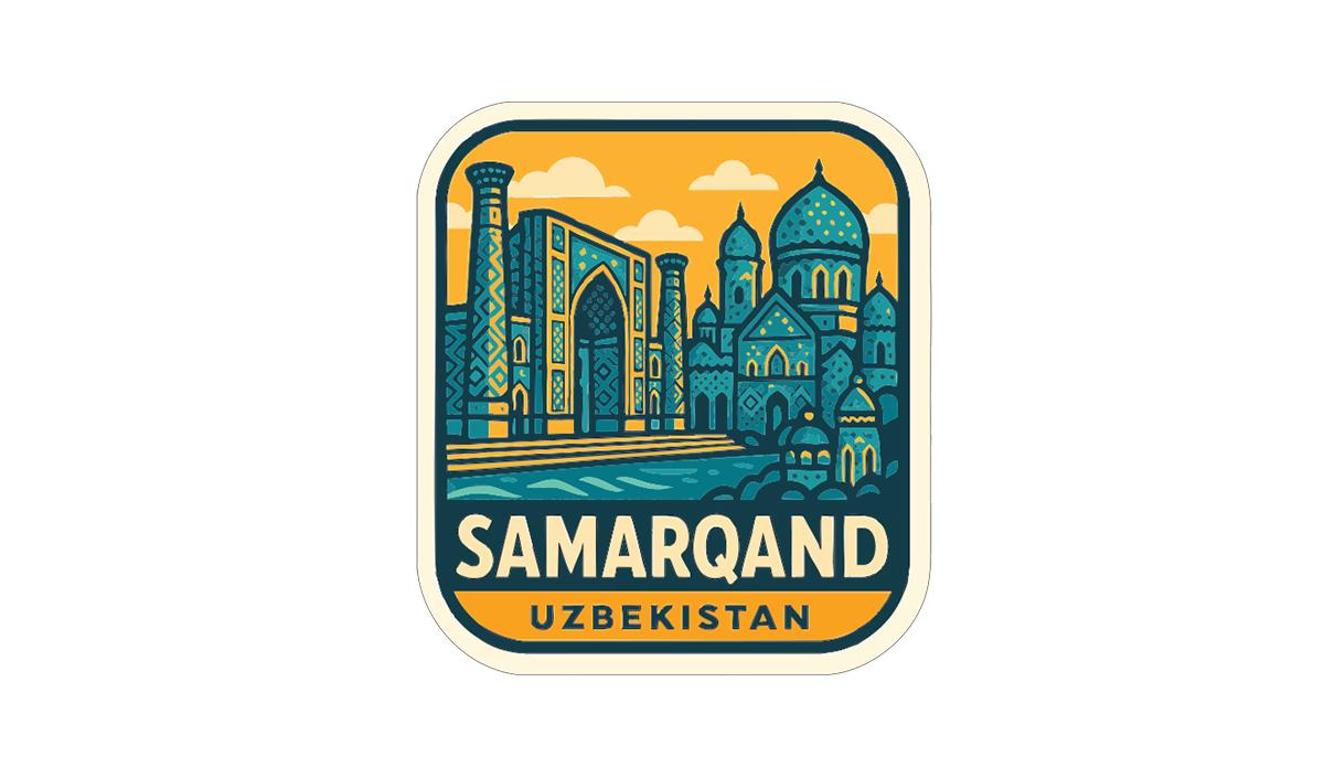 a sticker or emblem with a stylized illustration of the Samarqand city in Uzbekistan.