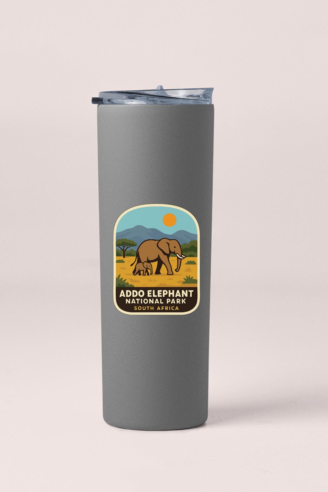 a gray cylindrical container with a label that reads "ADDO ELEPHANT NATIONAL PARK SOUTH AFRICA".