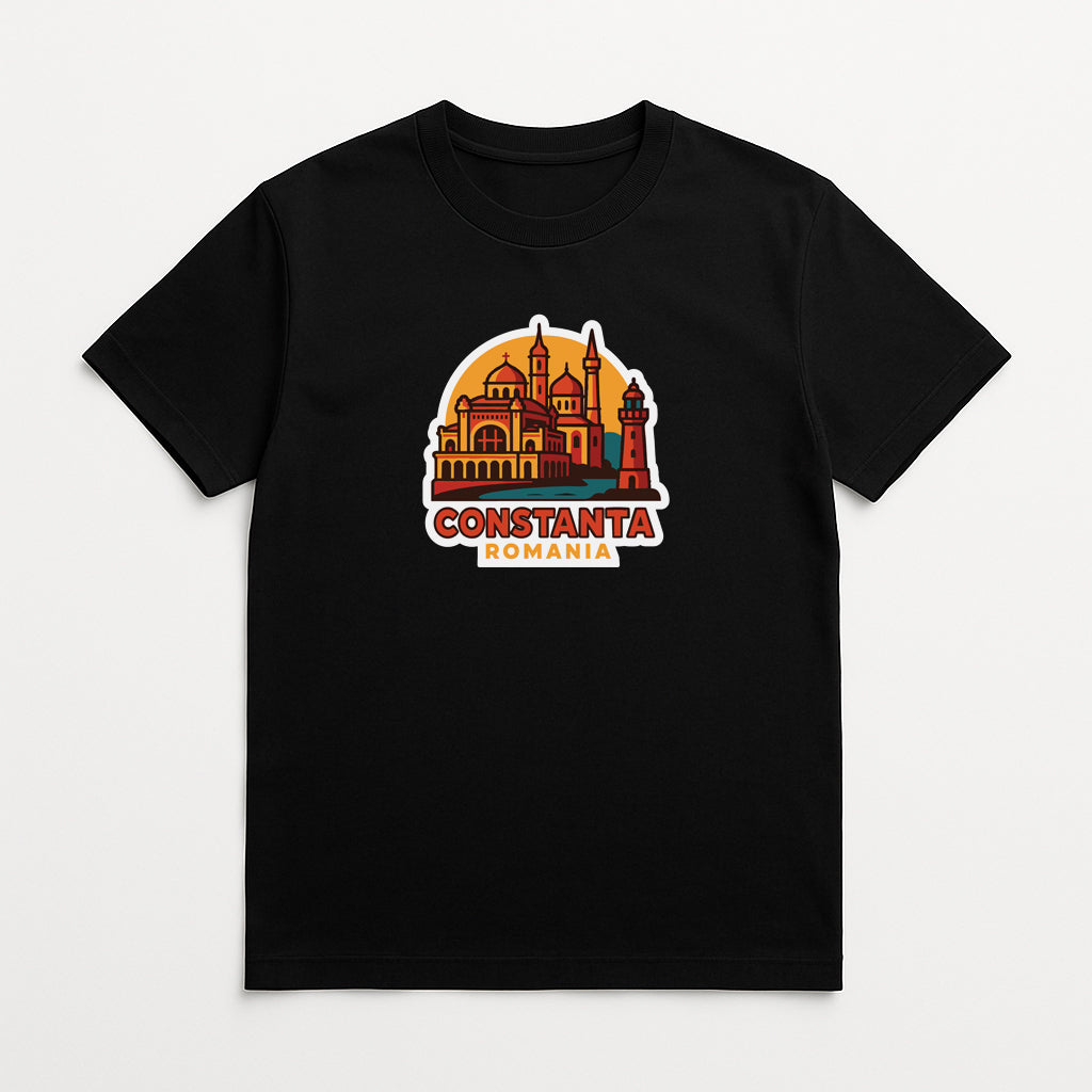 A black t-shirt with a graphic design depicting the city of Constanta, Romania.
