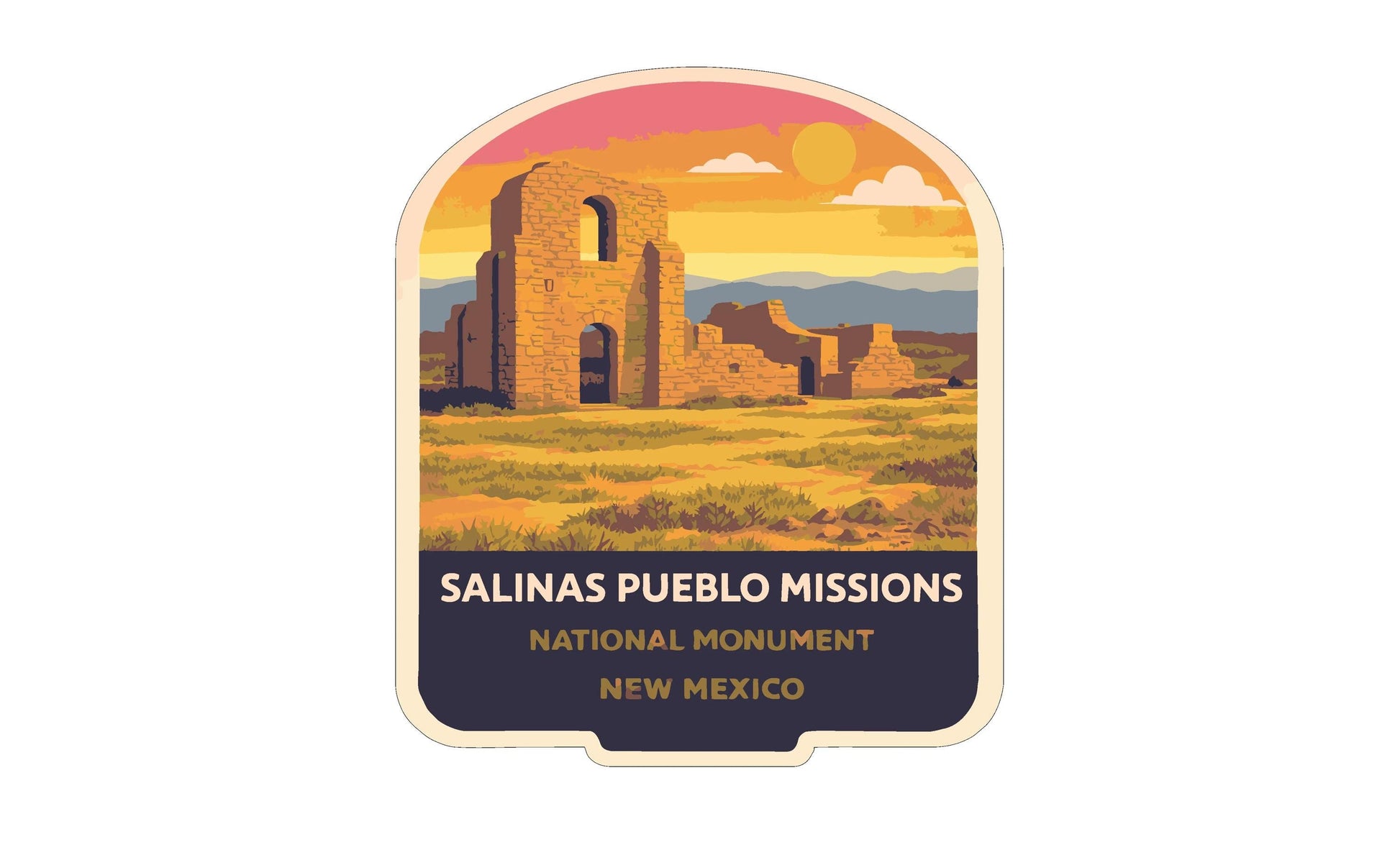 a sticker or label with an illustration of a desert landscape, including a large brick structure in the background.
