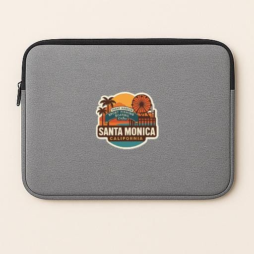 A gray laptop sleeve with a sticker of Santa Monica, California.