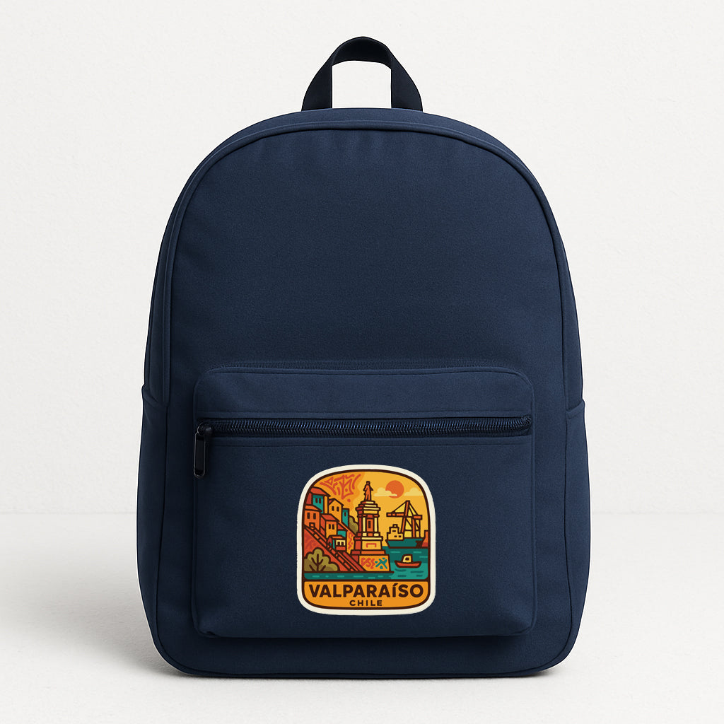 A navy blue backpack with a graphic patch on the front that says "VALPARAISO CHILE".