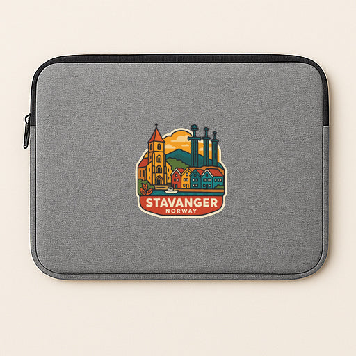 A gray laptop sleeve with a colorful sticker depicting a scenic view of Stavanger, Norway.