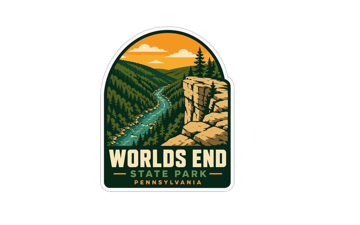 A sticker or emblem featuring a scenic landscape with a river, mountains, and pine trees, along with the text "WORLDS END STATE PARK PENNSYLVANIA".