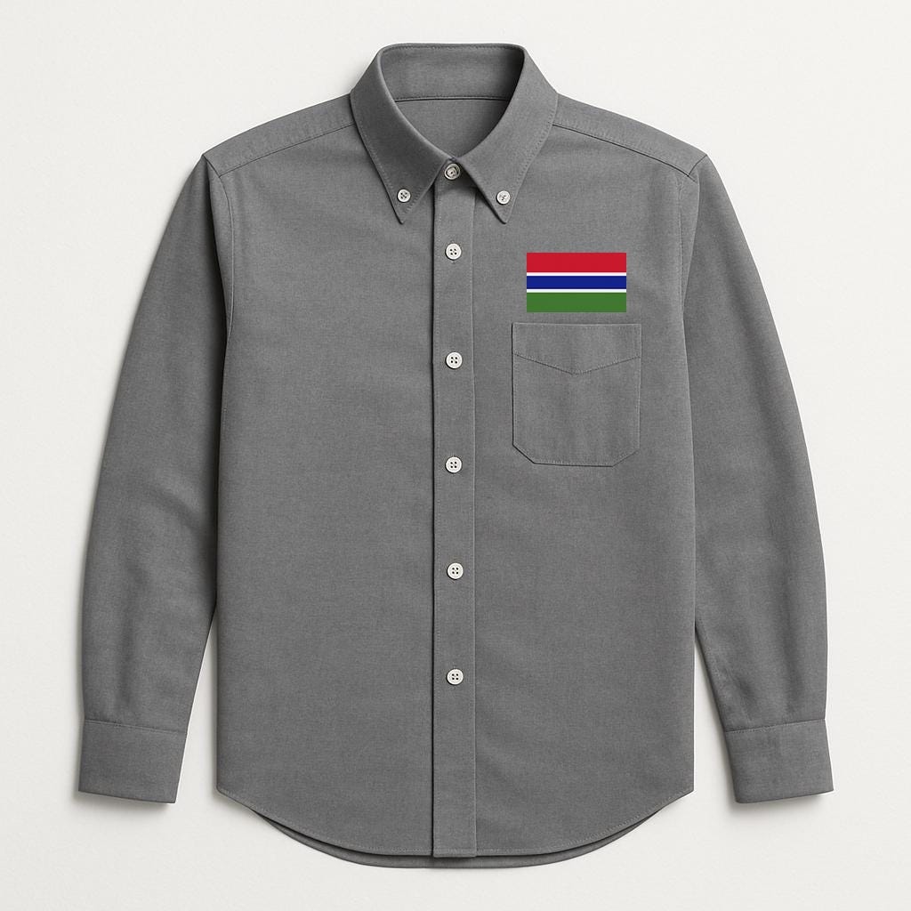 a gray shirt with a red, white, and green stripe on the chest