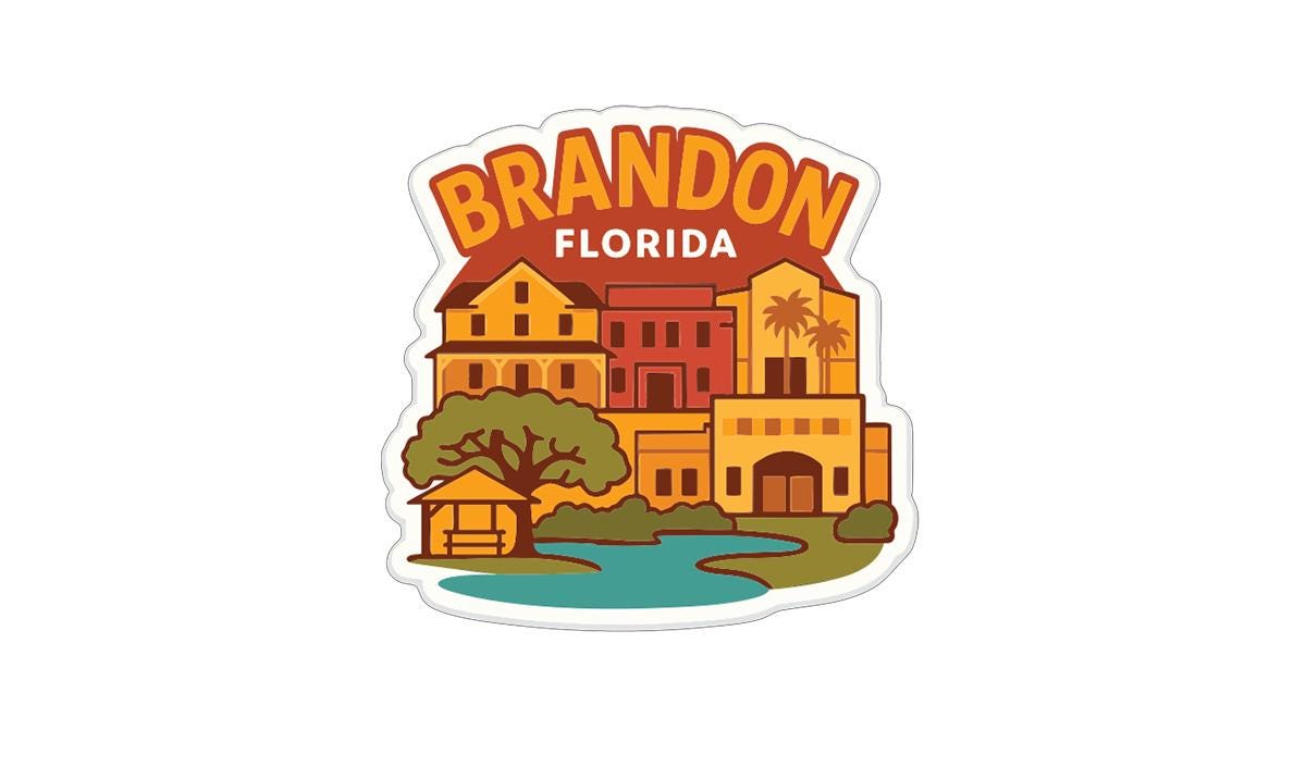 A sticker or emblem featuring a stylized illustration of a cityscape with buildings, palm trees, and a body of water, along with the text "BRANDON FLORIDA".