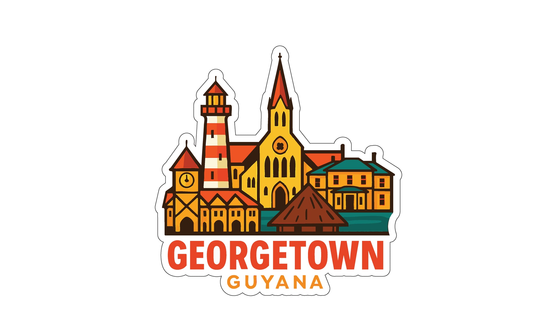 A sticker depicting the cityscape of Georgetown, Guyana, with various buildings and landmarks.