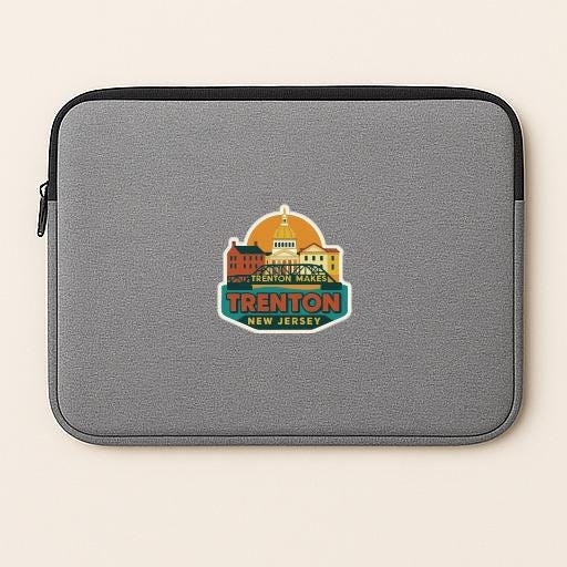 A gray laptop sleeve with a colorful logo of Trenton, New Jersey, featuring a building and a sun.