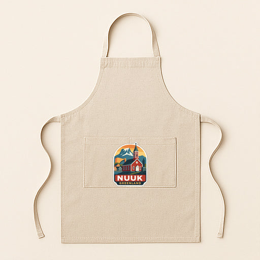 A beige apricot with a graphic design on the front pocket, featuring a church and mountains.