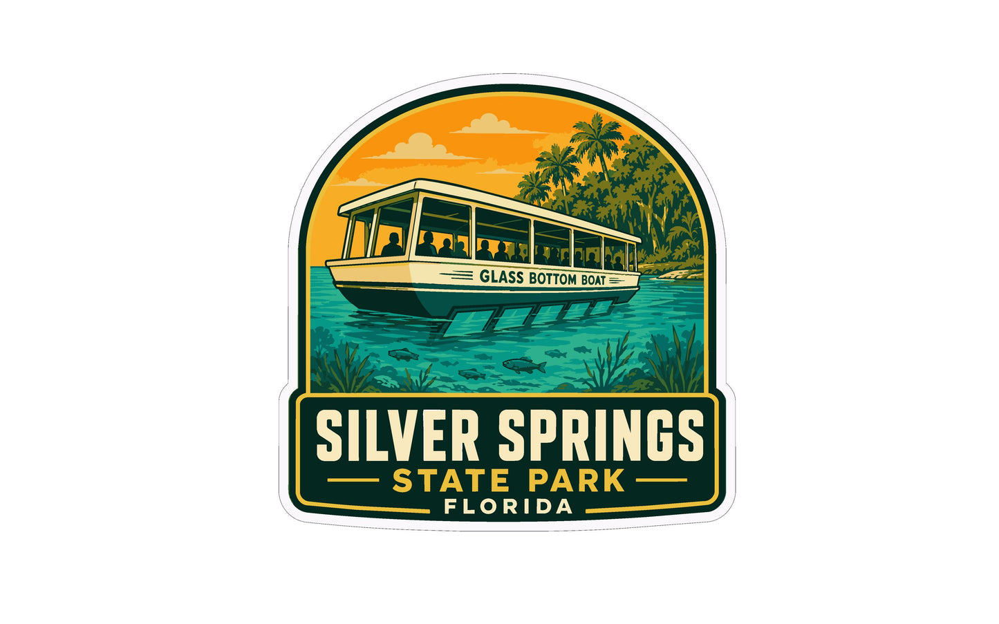 A sticker or emblem featuring a boat on a lake surrounded by palm trees and a sunset, with the text "Silver Springs State Park, Florida" prominently displayed.