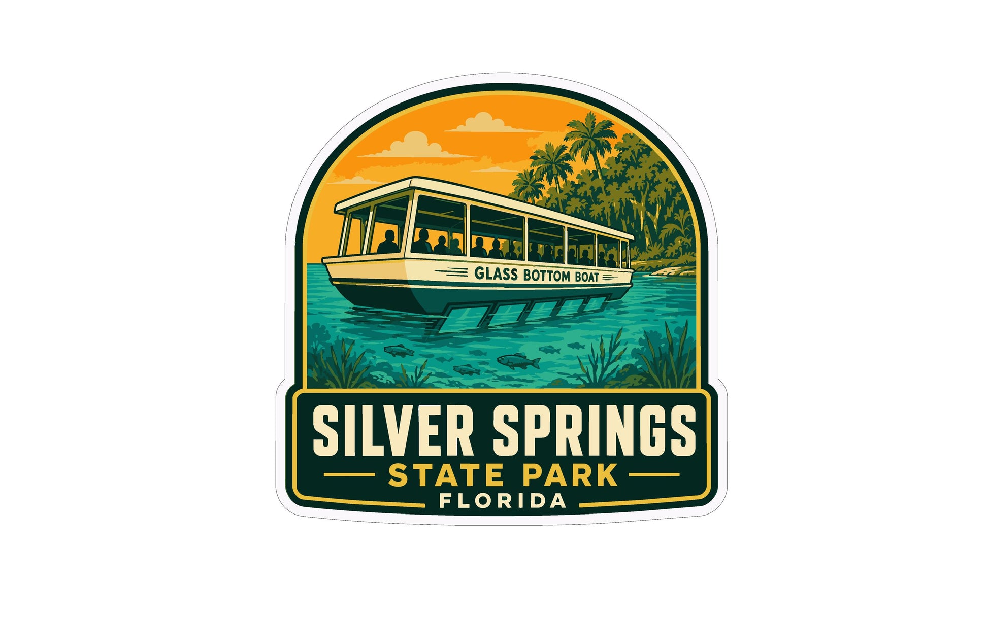 A sticker or emblem featuring a boat on a lake surrounded by palm trees and a sunset, with the text "Silver Springs State Park, Florida" prominently displayed.