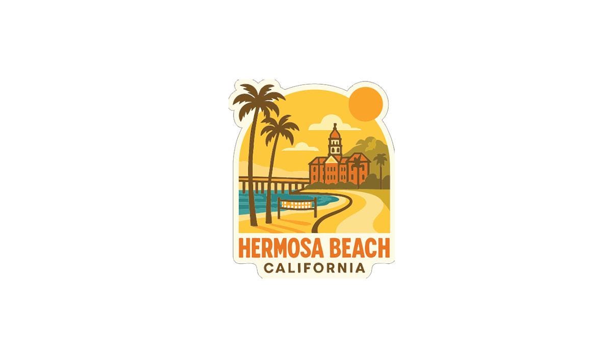 A sticker or logo depicting a scenic view of Hermosa Beach, California, with palm trees, a building, and a body of water.