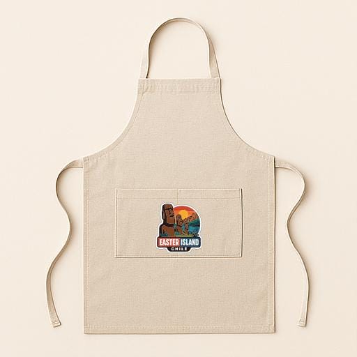 A beige apricot with a graphic of Easter Island on it.