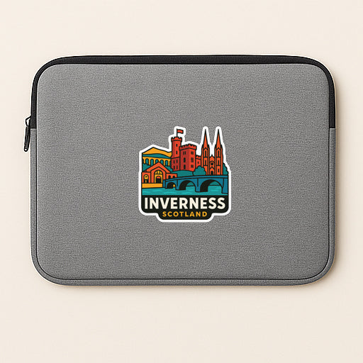 A gray laptop sleeve with a colorful sticker depicting the Inverness, Scotland skyline.