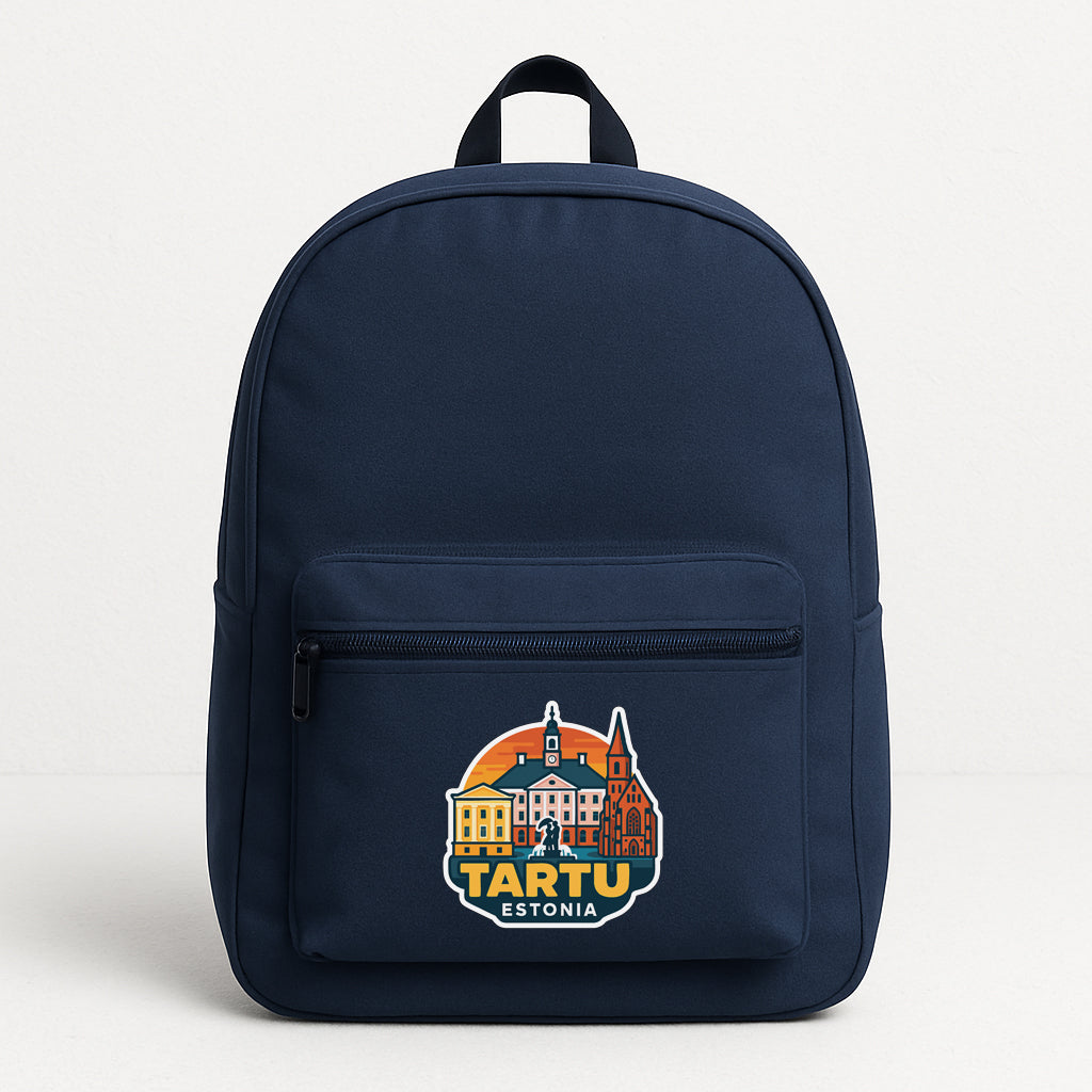 A navy blue backpack with a graphic of a city skyline and the text "TARTU ESTONIA" printed on it.