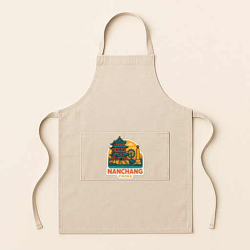A beige apricot with a graphic of a Chinese temple and the text "Nanchang China" printed on it.