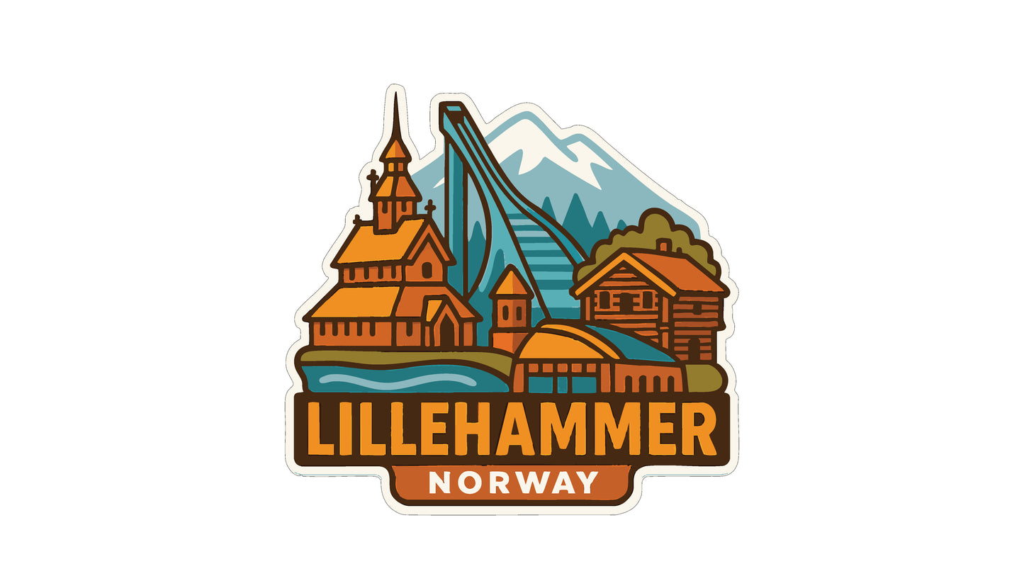 a sticker or logo depicting a scenic view of Lillehammer, Norway.