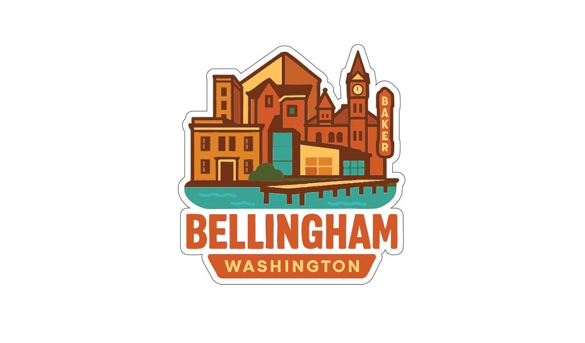 a stylized illustration of a cityscape with buildings, a clock tower, and a sign for a bakery.